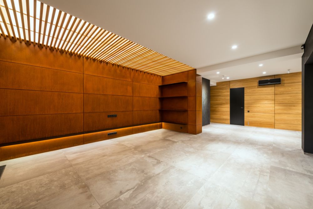 Modern home interior with wooden walls and ceiling, highlighting luxury vinyl tile flooring service in San Francisco, CA.